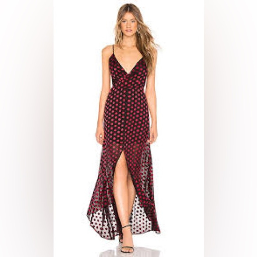 Lovers + Friends Angel Maxi Wrap Polka Dot Wedding Guest Dress in Red Black Sz L